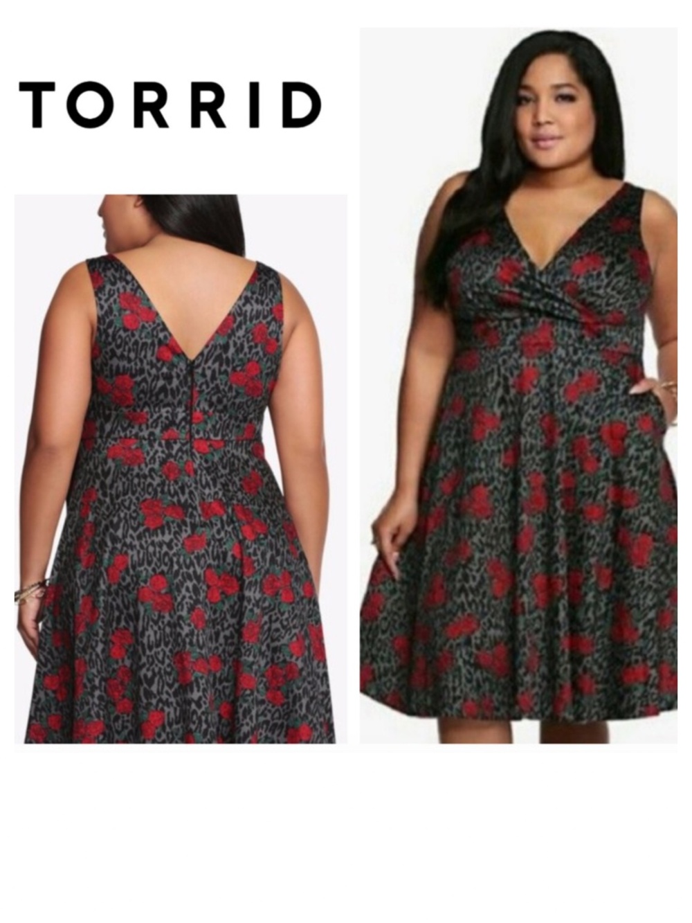 Torrid 12 Large Dress Sundress Roses  Animal Print Gray Red V-Neck Fit Flare
